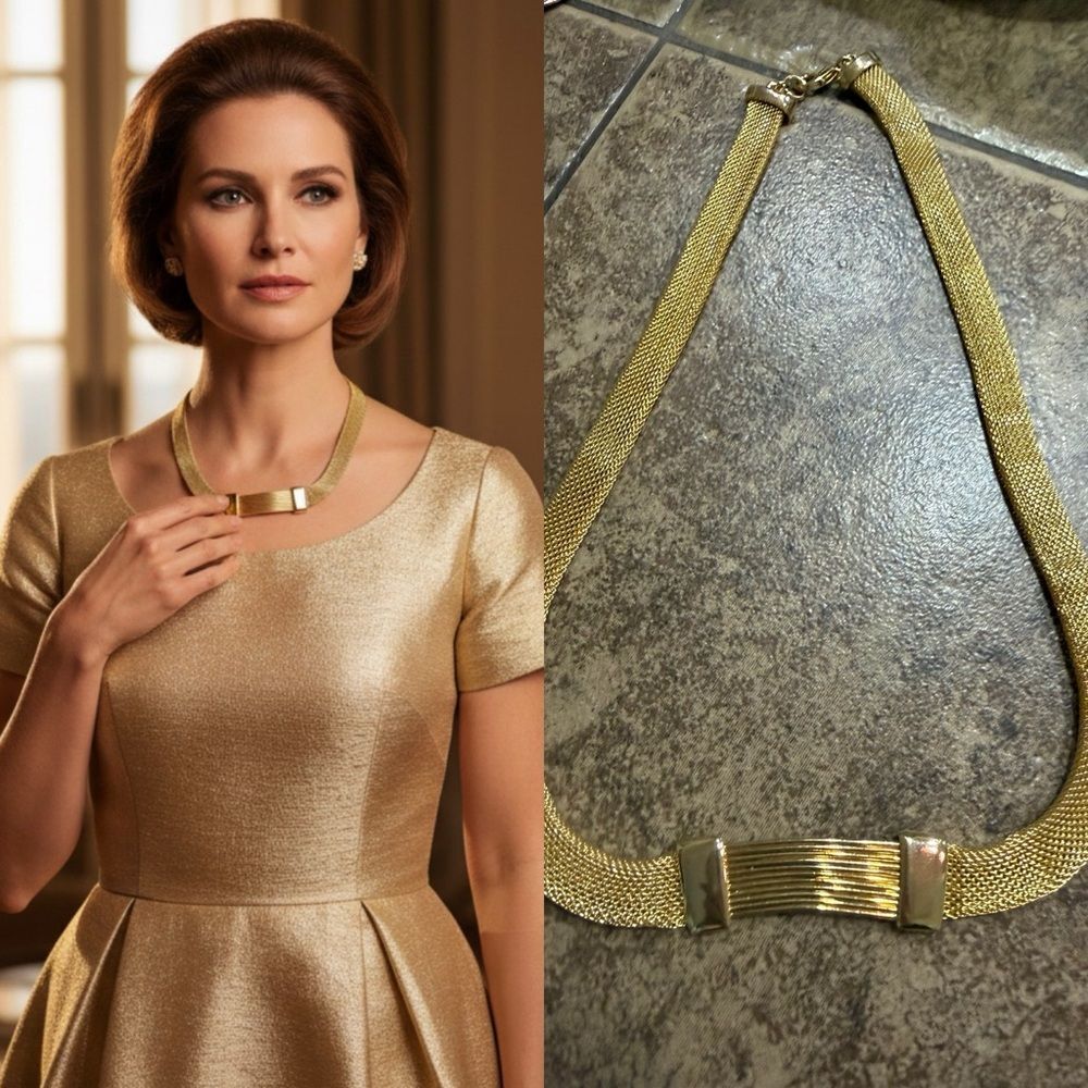 Vintage Gold Tone Mesh Collar Necklace Ribbed Bar Statement Choker 1970s Style